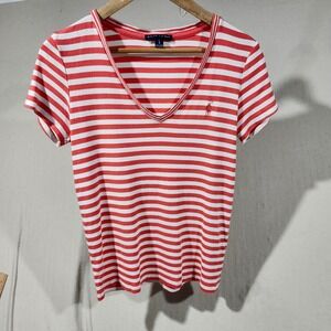 Ralph Lauren V-Neck Striped T-Shirt Top Women's Large Red White‎ Pony Logo Tee